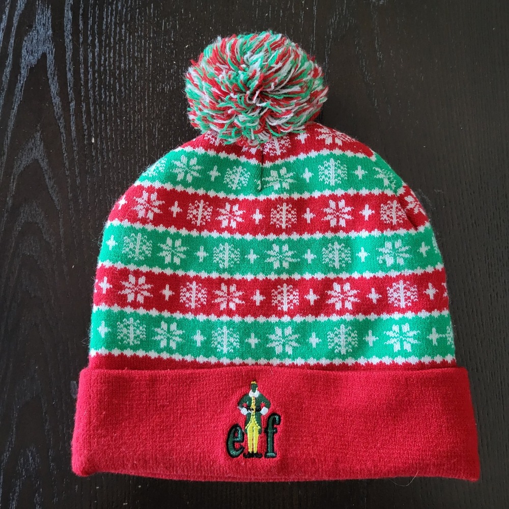 Elf Movie Beanie Hat Embroidered Pom Pom Red Green White One Size